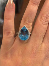 Load image into Gallery viewer, Sterling silver large pear-shaped blue topaz statement ring with diamonds