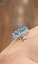 Load image into Gallery viewer, Sterling silver elongated rectangle blue topaz ring with diamonds