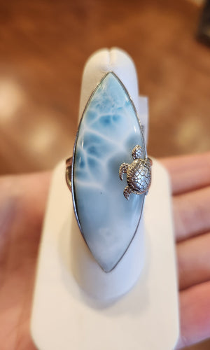 Sterling silver large marquis larimar ring with turtle