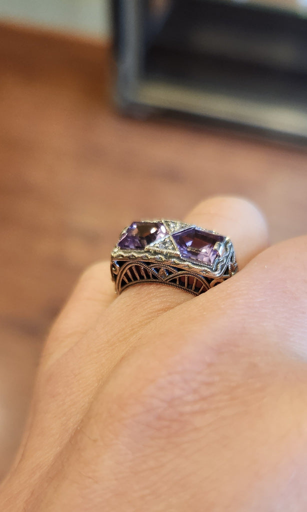Sterling silver two-stone amethyst Art Deco style ring