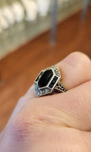 Load image into Gallery viewer, Sterling silver onyx and sapphire vintage style ring