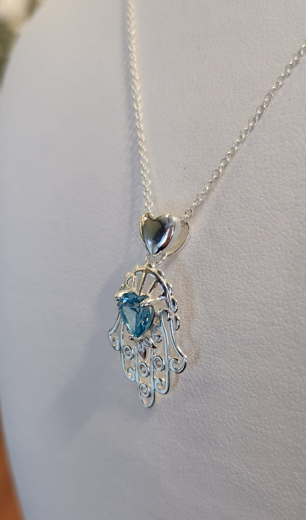 Sterling silver blue topaz Hamsa heart pendant