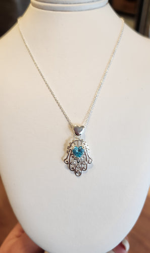Sterling silver blue topaz Hamsa heart pendant