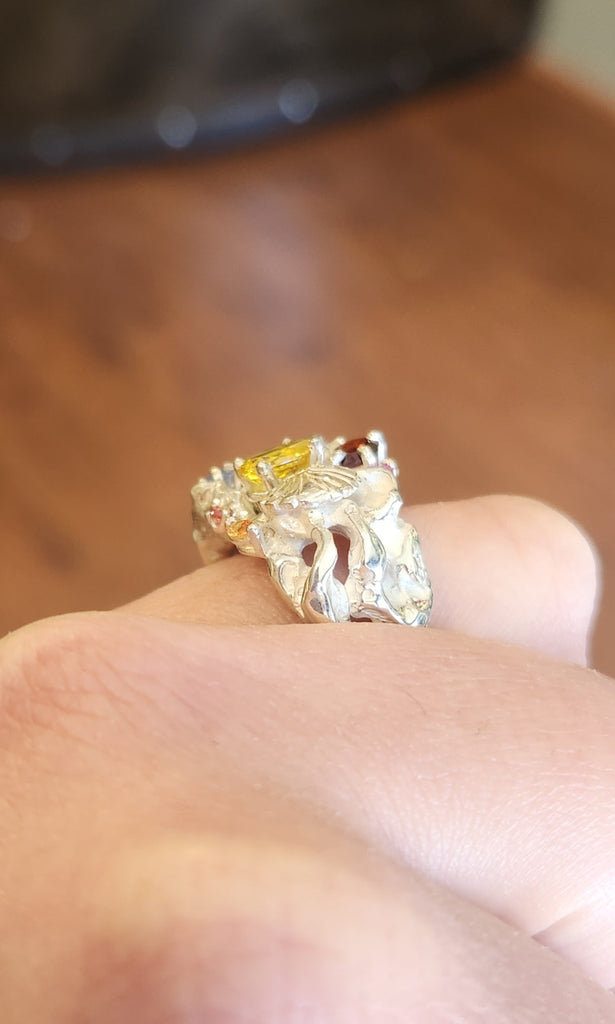 Sterling silver multi-stone seashell statement ring