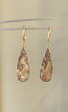 Load image into Gallery viewer, 14k yellow gold koi fish moss agate dangle earrings