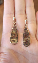 Load image into Gallery viewer, 14k yellow gold koi fish moss agate dangle earrings