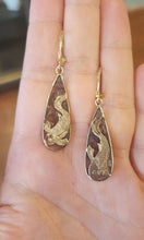 Load image into Gallery viewer, 14k yellow gold koi fish moss agate dangle earrings