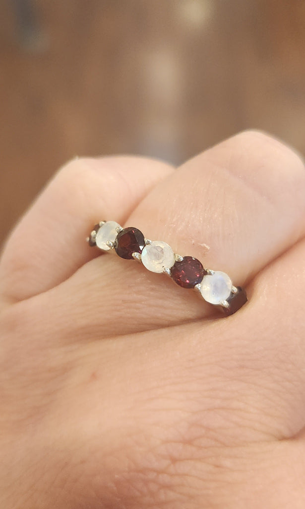 Sterling silver garnet and rainbow moonstone multi-stone ring