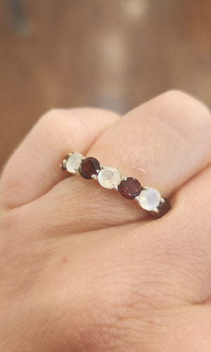 Sterling silver garnet and rainbow moonstone multi-stone ring