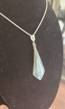 Load image into Gallery viewer, Sterling silver kite-shaped hypersthene pendant with garnet