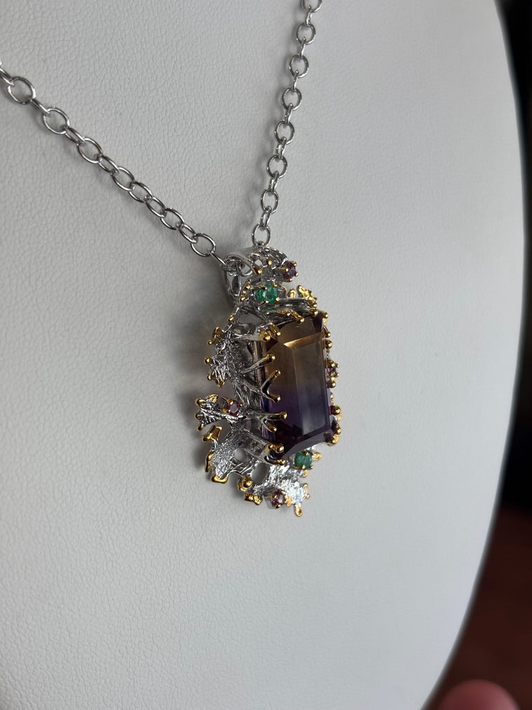 Sterling Silver Ametrine Statement Pendant With Emerald And Rubellite