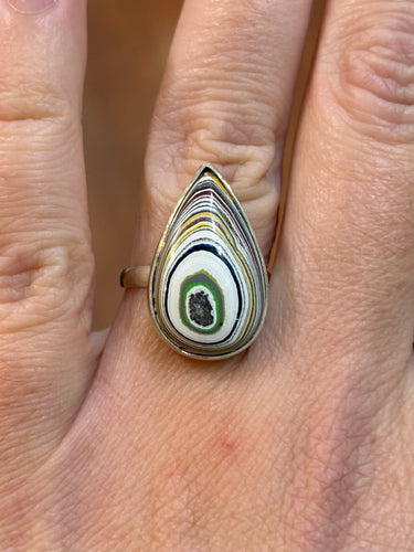 Sterling silver genuine fordite cabochon ring