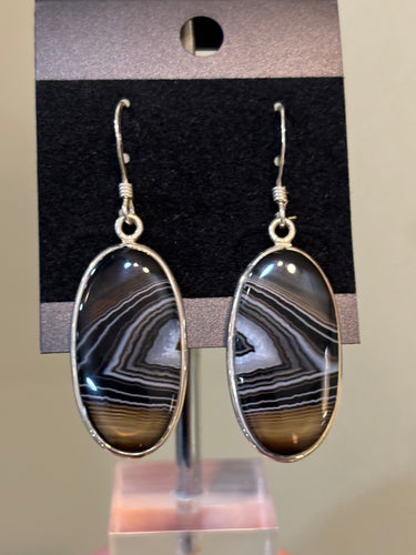 Sterling Silver Oval Shaped Banded Agate Dangle Earrings