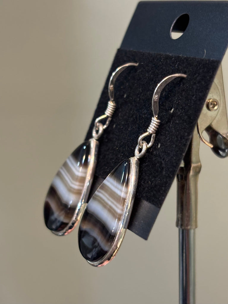Sterling Silver Pear Shaped Banded Agate Dangle Earrings