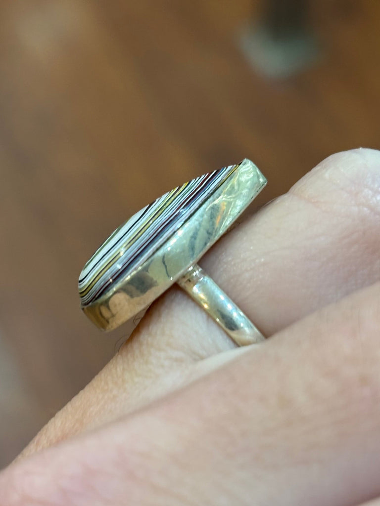 Sterling silver genuine fordite cabochon ring