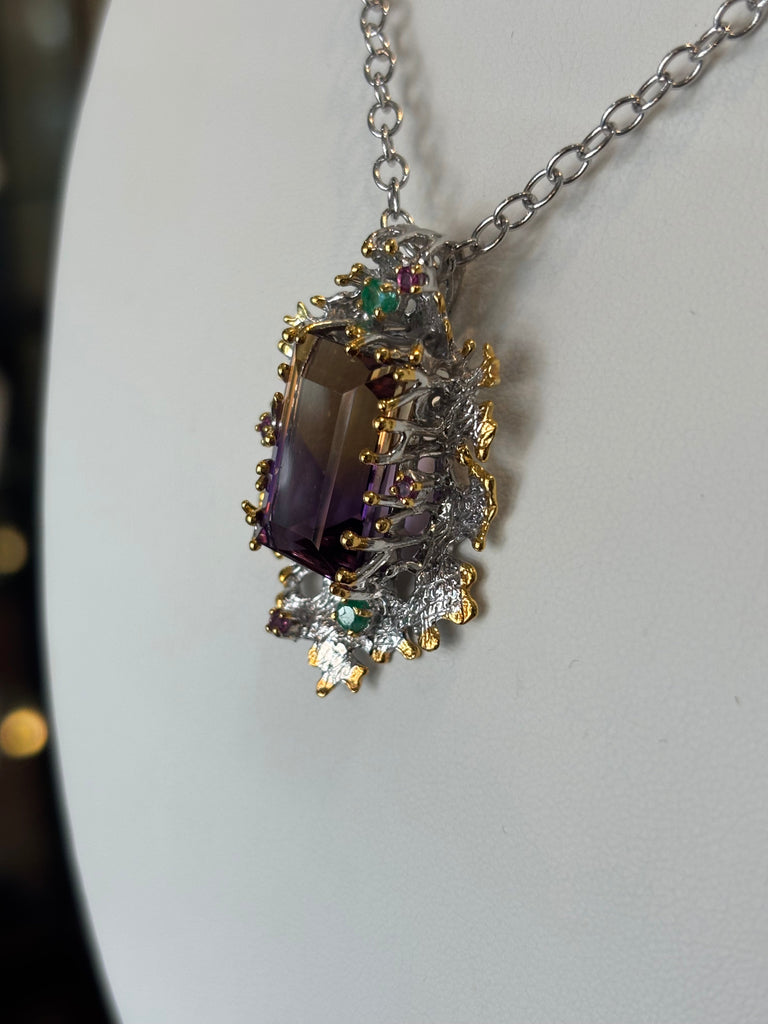 Sterling Silver Ametrine Statement Pendant With Emerald And Rubellite