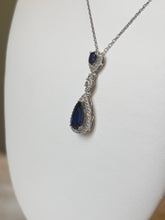 Load image into Gallery viewer, Sterling silver multi stone pear shaped blue sapphire halo pendant
