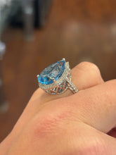 Load image into Gallery viewer, Sterling silver large pear-shaped blue topaz statement ring with diamonds