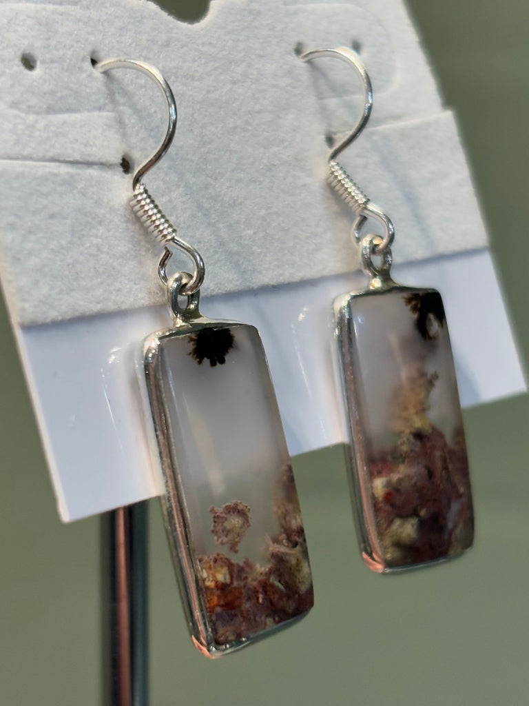 Sterling silver rectangle moss agate earrings