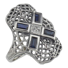 Load image into Gallery viewer, Sterling silver sapphire ring with filigree and diamonds