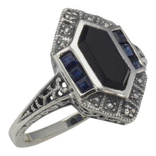 Load image into Gallery viewer, Sterling silver onyx and sapphire vintage style ring
