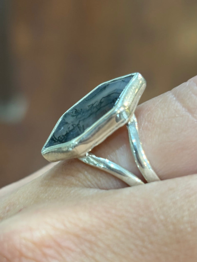 Sterling Silver Custom Handmade Hexagon Moss Agate Ring
