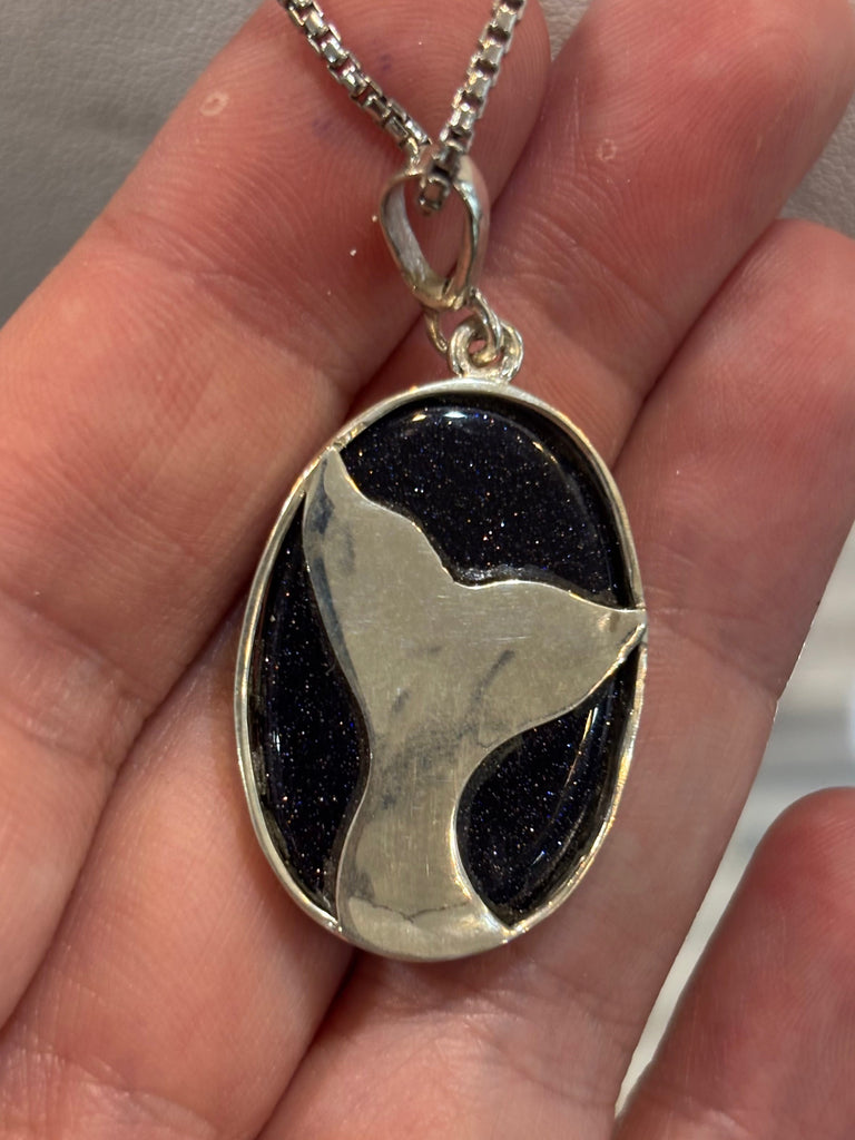 Sterling Silver Blue Goldstone Whale Tail Pendant