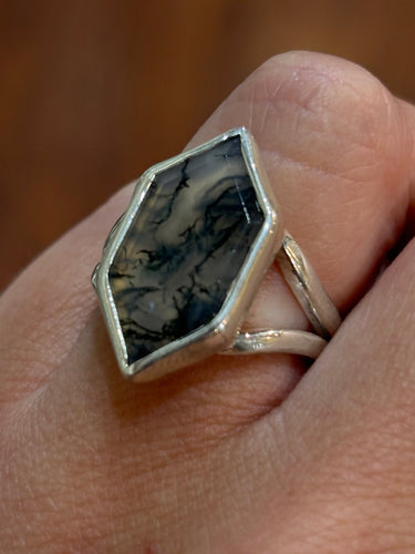 Sterling Silver Custom Handmade Hexagon Moss Agate Ring