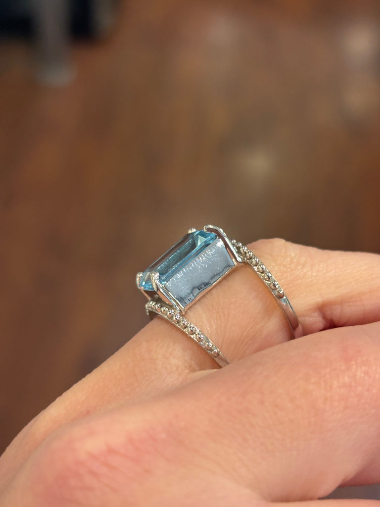 Sterling silver rectangle blue topaz unique double band statement ring