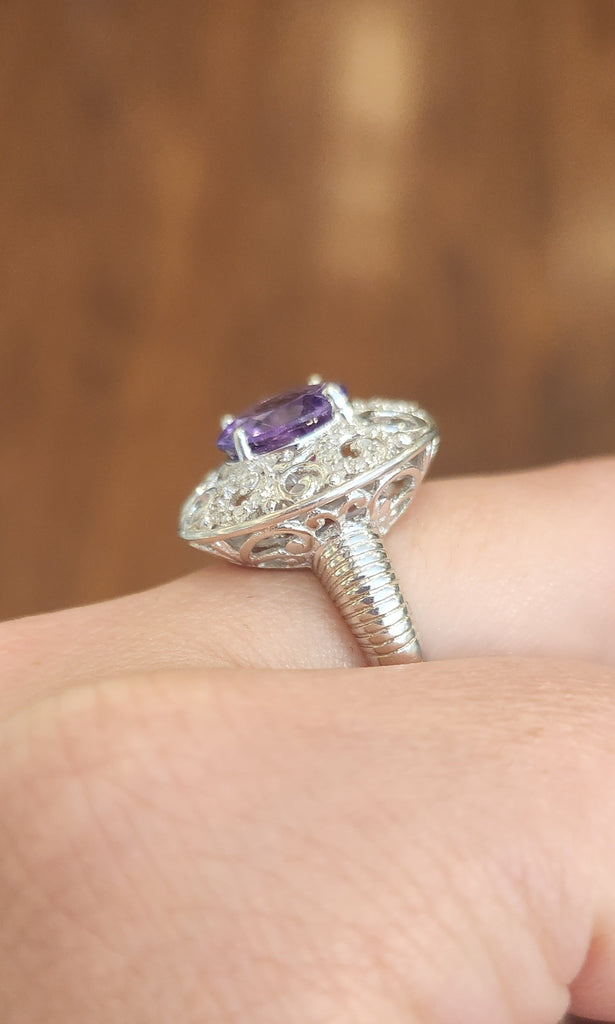 Sterling silver round amethyst filigree statement ring