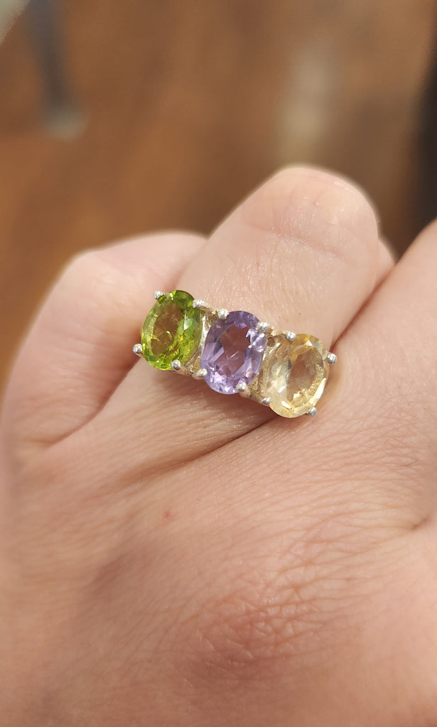 Sterling silver ring with amethyst, citrine and peridot