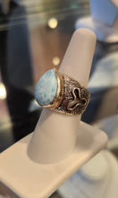 Load image into Gallery viewer, Sterling silver Atlantean rune ring with pear-shaped larimar cabochon