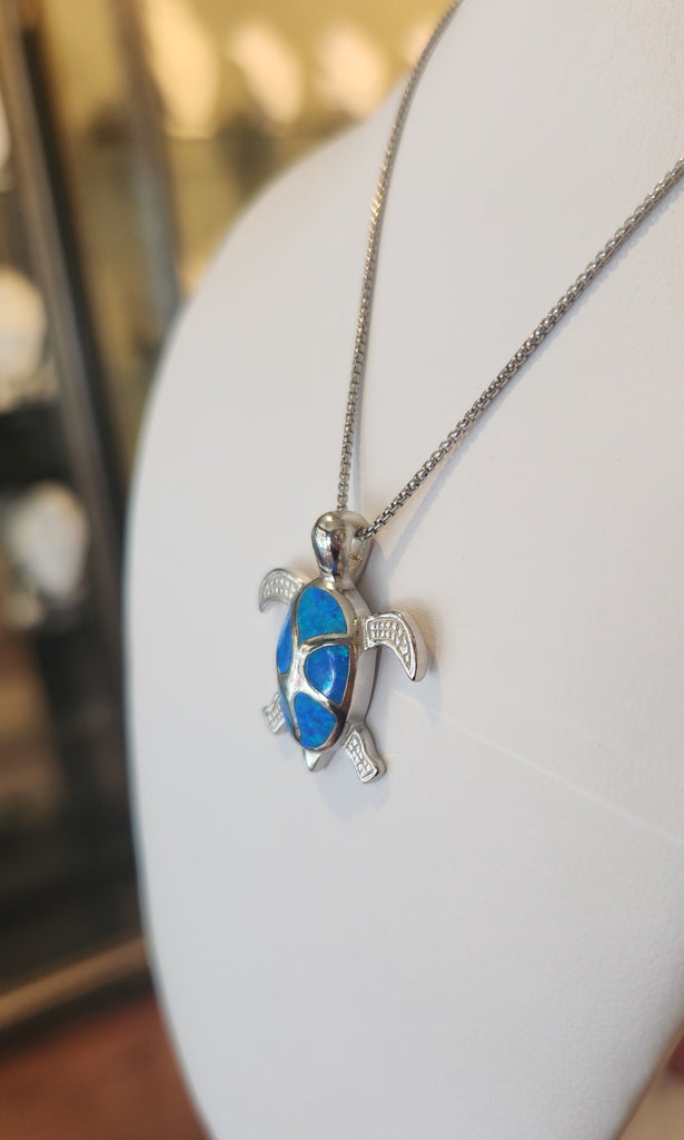 Sterling silver kyocera opal sea turtle pendant