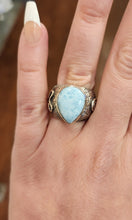 Load image into Gallery viewer, Sterling silver Atlantean rune ring with pear-shaped larimar cabochon