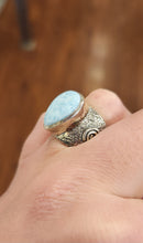 Load image into Gallery viewer, Sterling silver Atlantean rune ring with pear-shaped larimar cabochon