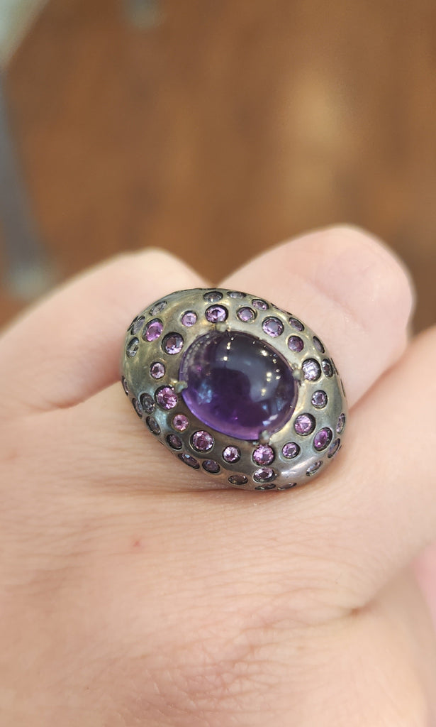 Sterling silver oxidized amethyst and tourmaline cocktail ring