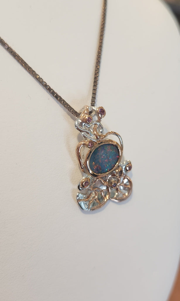 Sterling silver australian opal pendant with tourmaline