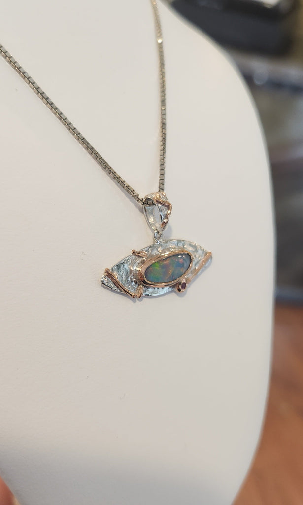 Sterling silver australian opal pendant with garnet