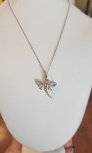 Load image into Gallery viewer, Sterling silver with 14k gold diamond dragonfly pendant