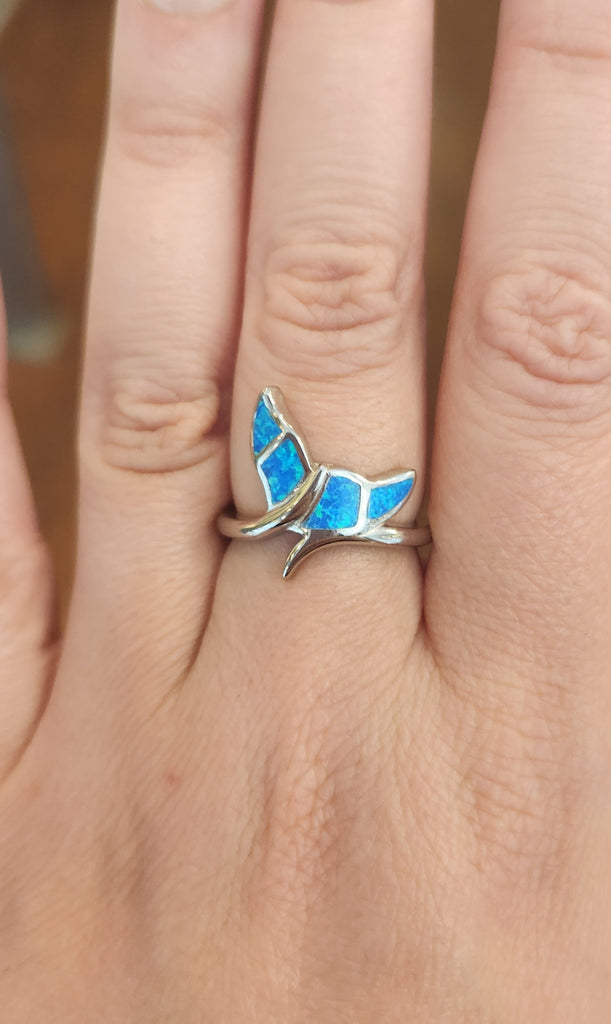 Sterling silver kyocera opal whale tail ring