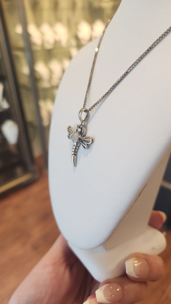 Sterling silver rainbow moonstone dragonfly pendant