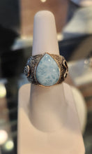 Load image into Gallery viewer, Sterling silver Atlantean rune ring with pear-shaped larimar cabochon