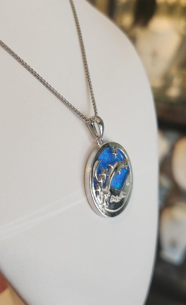 Sterling silver dolphin star pendant with kyocera opal