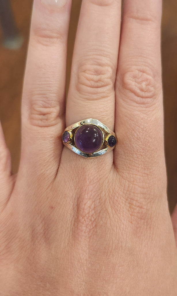 Sterling silver two-tone amethyst cabochon ring