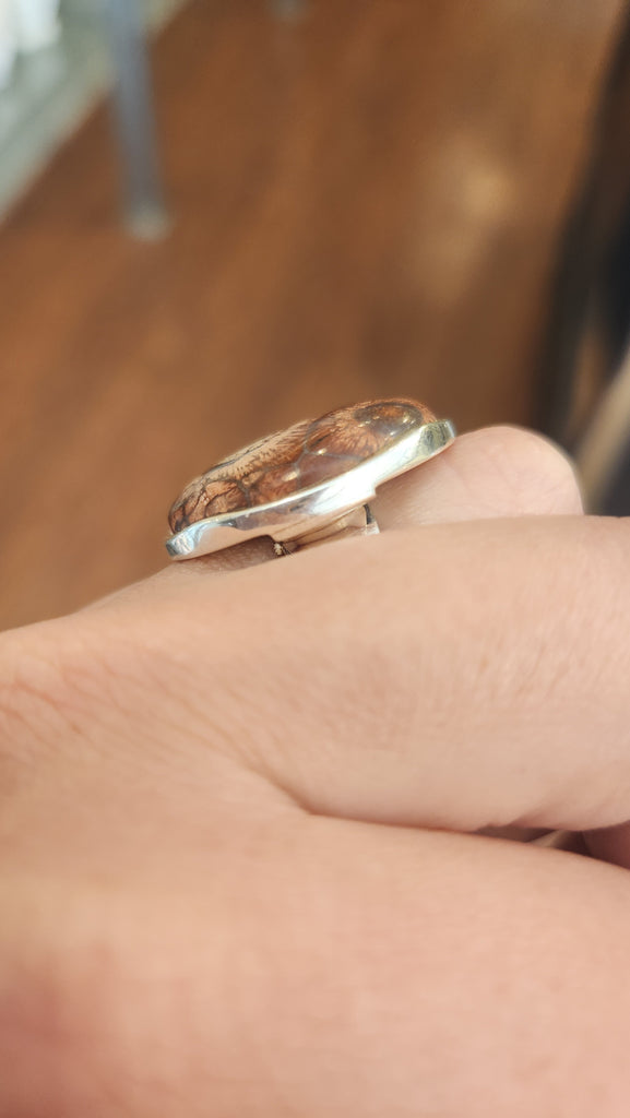 Sterling silver petrified wood statement ring