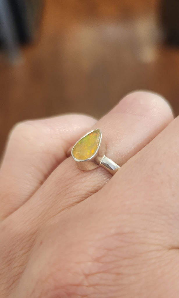 Sterling silver pear-shaped orange Ethiopian opal ring