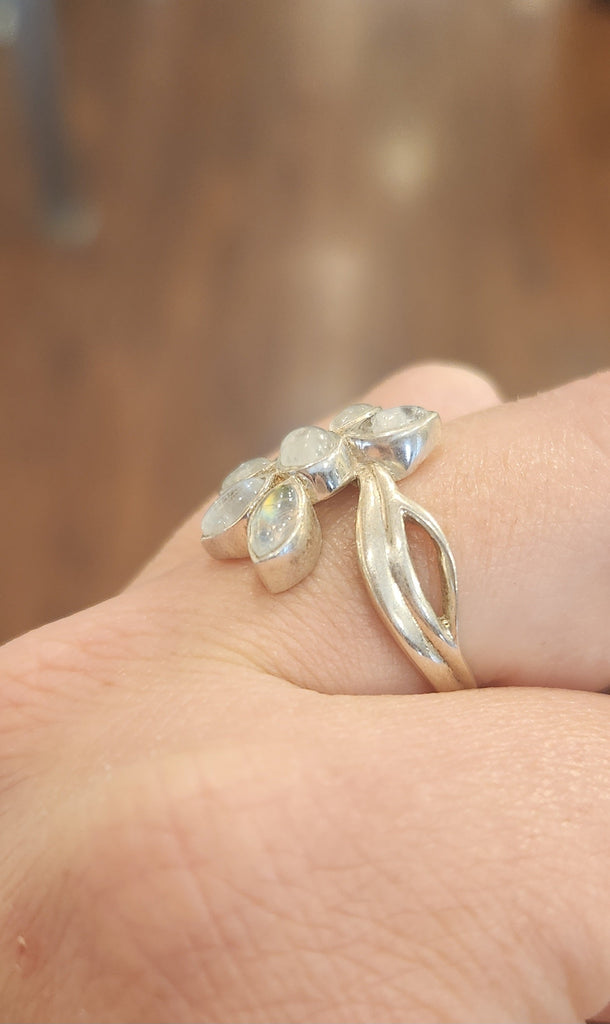 Sterling silver multi-stone rainbow moonstone flower ring