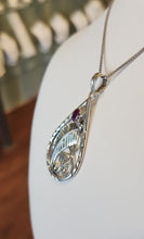 Load image into Gallery viewer, Sterling silver leaf pendant with ruby and rainbow moonstone