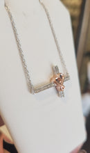 Load image into Gallery viewer, Sterling silver diamond sideways cross necklace with rose gold heart