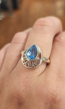 Load image into Gallery viewer, Sterling silver pear-shaped blue topaz filigree ring